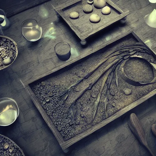 Image similar to alchemy table natural environment, dark 3 d render, reflective