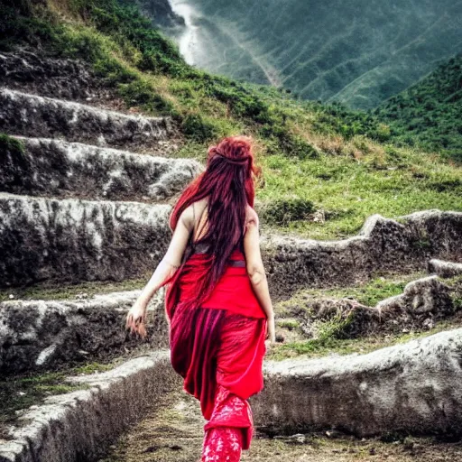 Image similar to define the character of a beautiful girl, messy long red hair, messy wet grey tribal clothes, short torn up pants, she is walking on a mountain and we see down in a deep valley a very poor old shanti town with wooden ruins, medieval time, heavy rain, late at night, mist, cinematic, 8 k,