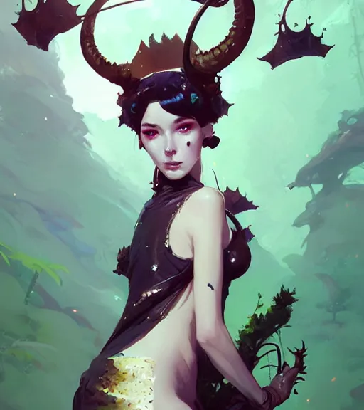 Image similar to portrait of a beautiful queen of the moss with two horns in complex and shiny dress made by leather, by ross tran and atey ghailan, by greg rutkowski, by greg tocchini, by james gilleard, by joe fenton, by kaethe butcher, dynamic lighting, grunge aesthetic