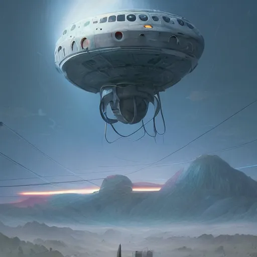 Image similar to a digital painting an enormous ufo spaceship in the sky far away. in the distance. concept art by simon stalenhag and peter mohrbacher cgsociety, speedpainting, apocalypse art. unreal engine. hyper - realistic. photo realistic. 3 d render. octane render. detailed masterpiece. extreme wide shot.
