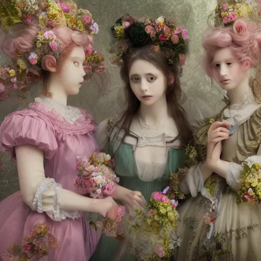 Image similar to 8k, octane render, realism, tonalism, renaissance, rococo, baroque, group of creepy young ladies wearing long harajuku manga dress with flowers and skulls, background chaotic flowers