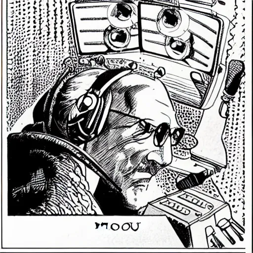 Image similar to drawn in the style of jean giraud!! moebius!! rackham the red wearing headphones and speaking into big microphone, podcast studio