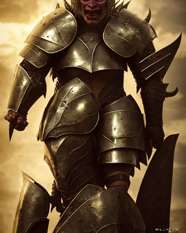 Prompt: epic portrait of female orc in plate armour and crown of fire by cleavanger and elvgren epic awesome gorgeous symmetrical perfect octane vfx maya render realistic