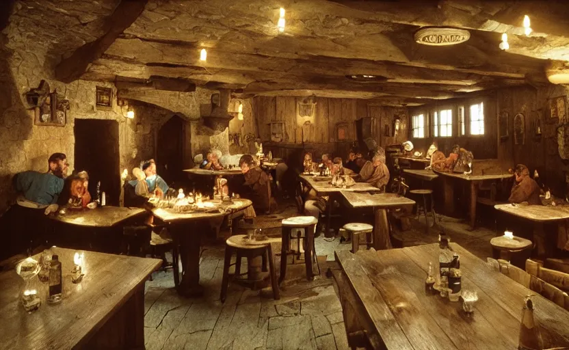 Image similar to A medieval Tavern with warmly lit windows by stanley kubrick, shot by 35mm film color photography