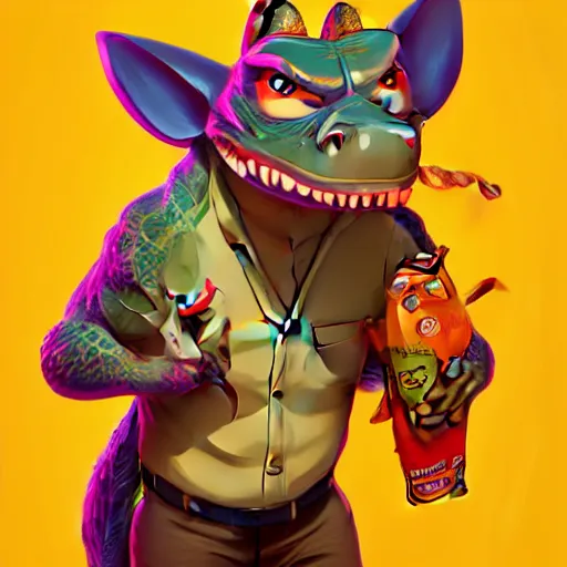 Prompt: in the style of artgerm, loish, and ross tran, anthropomorphic alligator, symmetrical face, symmetrical eyes, red scales on his back, yellow scale on his belly and chest, male, waring a hawaiian shirt, in the style of zootopia