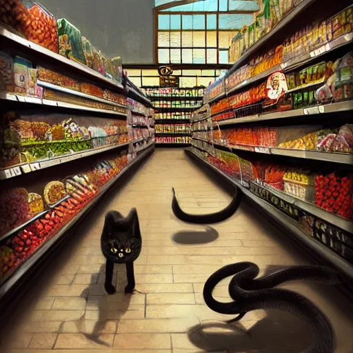 Image similar to digital painting of a super market grocery shopping elegant but deadly anthropomorphic cats with snake featured hybrid, by Greg Rutkowski, magic the gathering concept art, trending on artstation, 4k resolution, ((in a super market Costco))