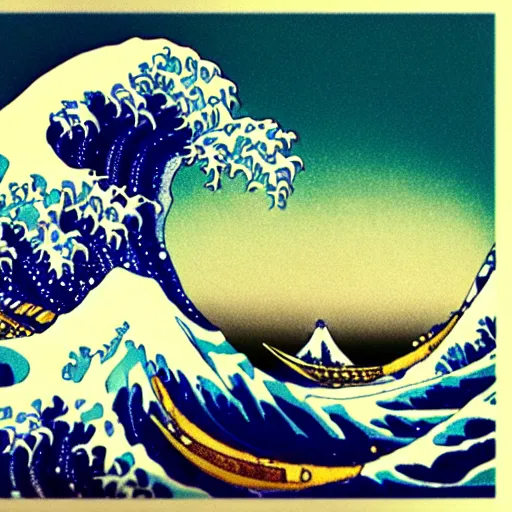 Image similar to cyberpunk great wave off kanagawa, matte, shiny waves, refractions, soft light, neon, studio ghibli