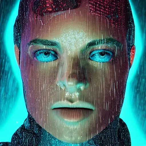 Image similar to a human made out of rain, neon, rendered in octane, unreal engine, highly detailed, realistic, beautiful, emotional