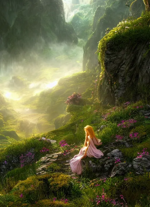 Image similar to a beautiful fairy in the lord of the rings scenery landscape, looking out at a vast lush valley of flowers and mushroom structures, sunrise, god's rays highly detailed, vivid color, cinematic lighting, perfect composition, 8 k, gustave dore, derek zabrocki, greg rutkowski, belsinski, octane render