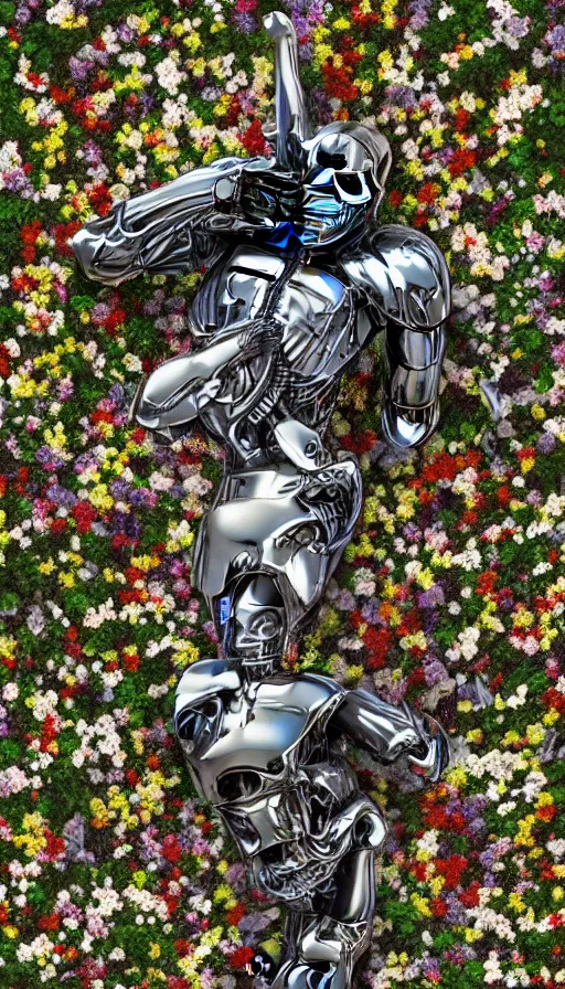 Image similar to destroyed terminator lying in a field of flowers, twisted, chrome, reflections, anthropomorphic, photorealism, smoke, 8 k, wires, smooth, sharp focus, top view, extremely detailed, hyperrealism, elegant, establishing shot, by jeff koons, artgerm and greg rutkowski