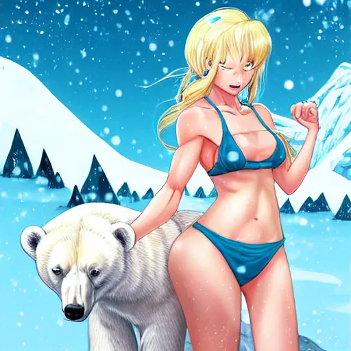 Prompt: bicolor - eyed blonde super muscular anime girl warrior in bikini riding a polar bear in the snowy mountains background, digital painting, illustration by james jean and artgerm and mina petrovic and timothy kong and marina federovna, artstation