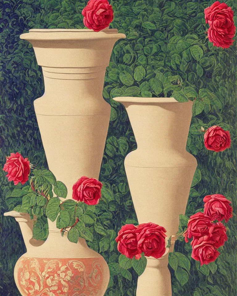 Prompt: achingly beautiful print of intricately painted ancient greek amphora on rose background by rene magritte, monet, and picasso.