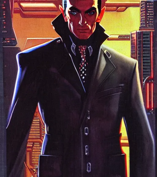 Image similar to a cyberpunk very ugly mafia boss in a suit with slicked back black hair played by ryan renolds as an elf, 1 9 7 9 omni magazine cover, style by vincent di fate, artgerm, very coherent, detailed, 4 k resolution, bright, unreal engine, daz