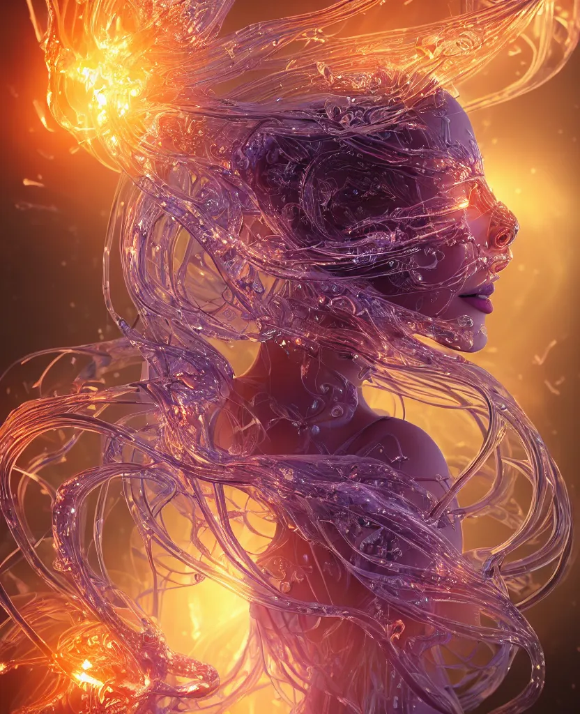 Image similar to close-up macro portrait of the face of a beautiful princess, epic angle and pose, symmetrical artwork, 3d with depth of field, blurred background, cybernetic jellyfish female face skull phoenix bird, translucent, nautilus, energy flows of water and fire. a highly detailed epic cinematic concept art CG render. made in Maya, Blender and Photoshop, octane render, excellent composition, cinematic dystopian brutalist atmosphere, dynamic dramatic cinematic lighting, aesthetic, very inspirational, arthouse. y Greg Rutkowski, Ilya Kuvshinov, WLOP, Stanley Artgerm Lau, Ruan Jia and Fenghua Zhong