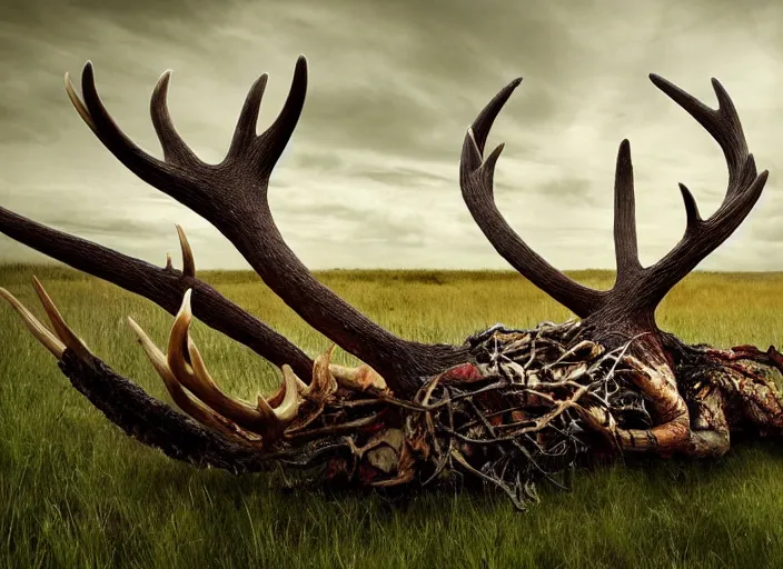 Image similar to photograph of a horrifying nature monster made of animal parts, tree parts, bones, antlers and an extremely long neck, in a meadow, nightmare, designed by ken barthelmey, dramatic lighting, full frame photography