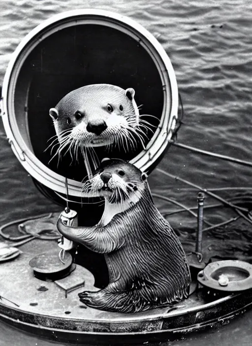 Image similar to an otter repairing a bathysphere, vintage photograph