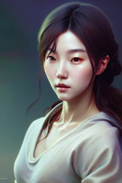 Image similar to beautiful digital painting of lee jin - eun gray background with high detail, 8 k, stunning detail, works by artgerm, greg rutkowski and alphonse mucha, unreal engine 5, 4 k uhd