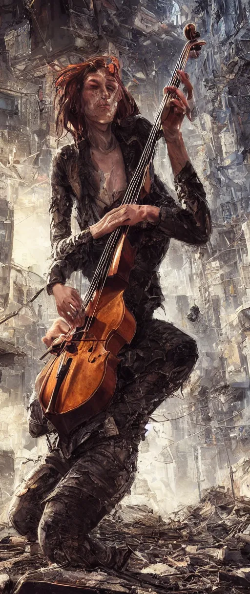 Prompt: a highly detailed portrait of a singular cellist playing in the rubble of a fallen building in a cyberpunk city, sorrow, pain, beautifully lit, concept art, sharp focus, in the style of steve argyle and pascal blanche, artstation HD, artgerm, octane render