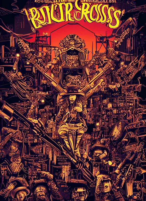 Prompt: a photorealistic dramatic hyperrealistic stylish graphic color poster illustration of guns n'roses live in bangkok by joe fenton, dan mumford, color concert poster art design, beautiful dynamic dramatic dark moody lighting, shadows, cinematic atmosphere, octane render, 8 k