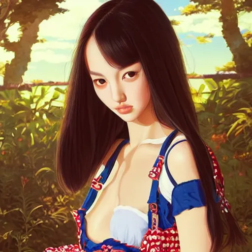 Image similar to a beautiful young japanese natalie portman alluring gravure model, wearing elaborate elegant designer overalls, elegant overalls with mesoamerican patterns, mesoamerican native street fashion, by akira toriyama and wlop and ilya kuvshinov and artgerm and, aesthetic, gorgeous, stunning, alluring, attractive, artstation, deviantart, pinterest, digital art