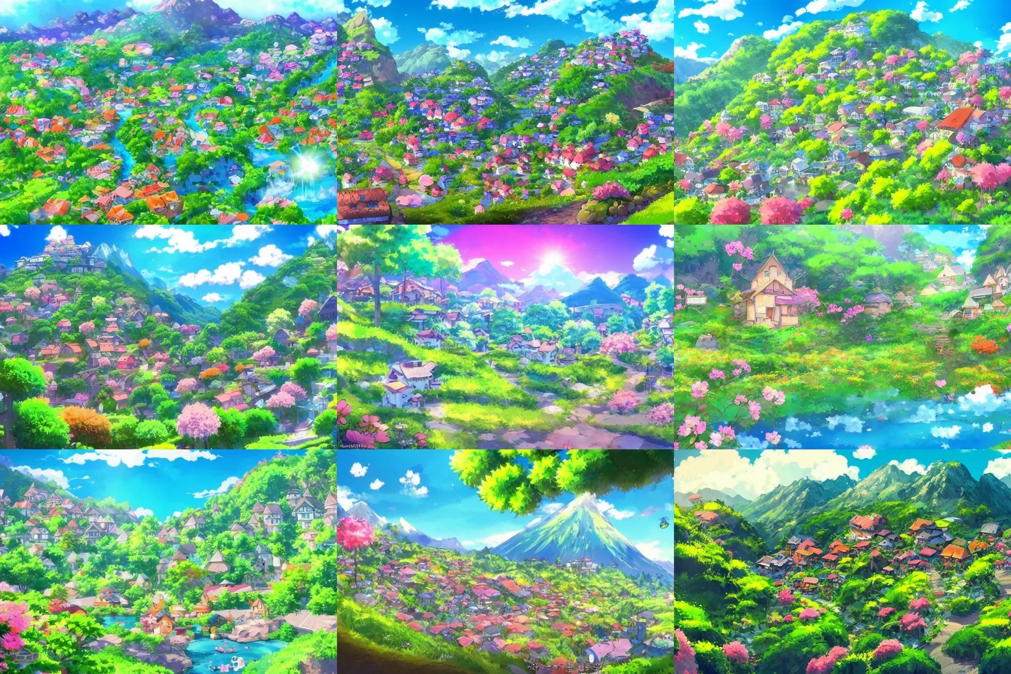 Prompt: anime!!!! small gnome town in mountain landscape, cute warm, very large flowers, lush green, blue, anime style, water, sunny