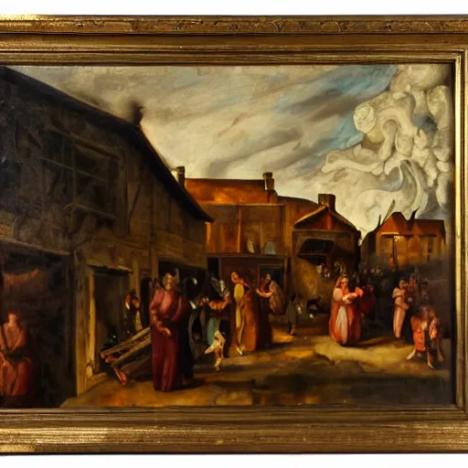 Prompt: ransacked village at night, ablaze, mannerist painting, pre - raphaelite, oil on canvas