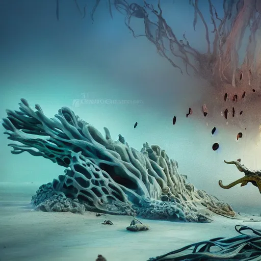 Image similar to stunning cinematic wide shot of a sea of fulgurites surrounding a beautiful slick sea creature, on a beach. fulgurites towering over the creature, well designed perfect with slick led eyes, wearing kelp, sharp claws, hd octane render, fantasy, furry art, artstation, deviantart, furaffinity