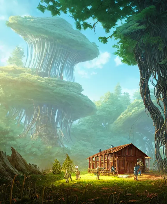 Prompt: a mammoth schoolhouse made from jellyfish, overgrown with huge exotic fungus, deep in the woods, noon, sun drenched, partly cloudy, by dan mumford, yusuke murata, makoto shinkai, ross tran, cinematic, unreal engine, cel shaded, featured on artstation, pixiv