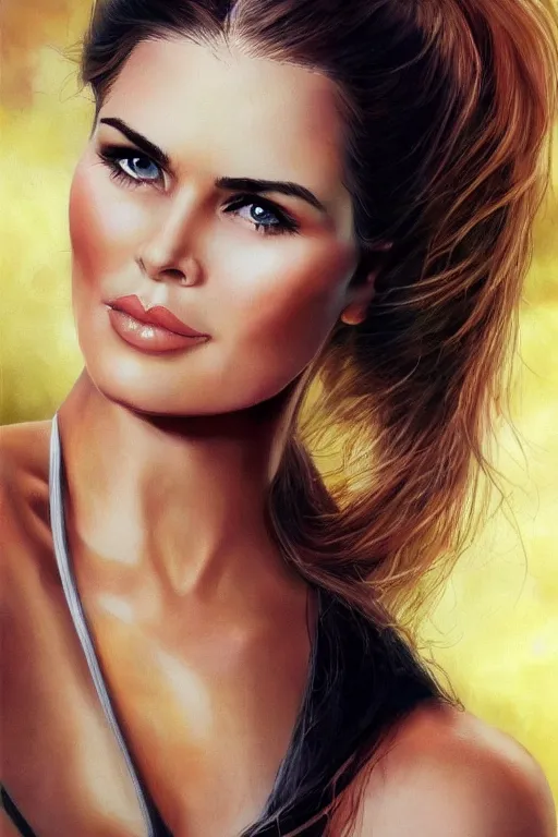 Image similar to mix of beautiful young maria shriver, mariel hemmingway, brooke shields, nicole kidman and elle macpherson as a young bikini model, thin lips, hair tied up in a pony tail, dark blonde hair, colorful, artstation, cgsociety