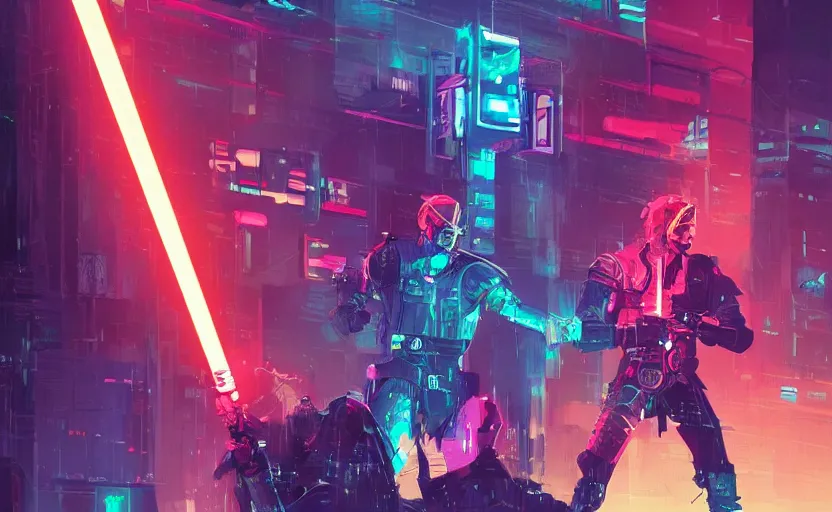Prompt: jaime lannister and brienne of tarth fight a thousand neon zombies with lightsabers, cyberpunk art by james gilleard, cgsociety, retrofuturism, synthwave, retrowave, outrun