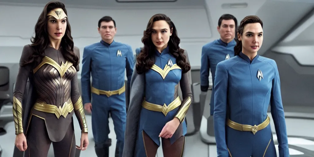 Image similar to Gal Gadot, in full starfleet uniform, is the captain of the starship Enterprise in the new Star Trek movie