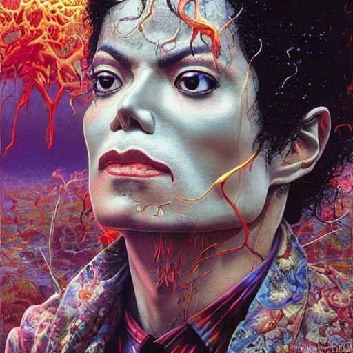 Prompt: realistic detailed image of Michael Jackson by Ayami Kojima, Amano, Karol Bak, Greg Hildebrandt, and Mark Brooks, Neo-Gothic, gothic, rich deep colors. Beksinski painting, part by Adrian Ghenie and Gerhard Richter. art by Takato Yamamoto. masterpiece