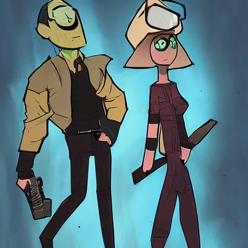 Image similar to a couple of people standing next to each other, concept art by doc hammer, tumblr contest winner, context art, official art, flat colors, concept art