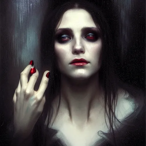 Image similar to hyperrealistic portrait of a woman as a vampire witch tears sorrow makeup dramatic in a black coat reflection in a stone mirror while it's heavily raining. by jeremy mann and alphonse mucha, fantasy art, photo realistic, dynamic lighting, artstation, poster, volumetric lighting, very detailed faces, 4 k, award winning