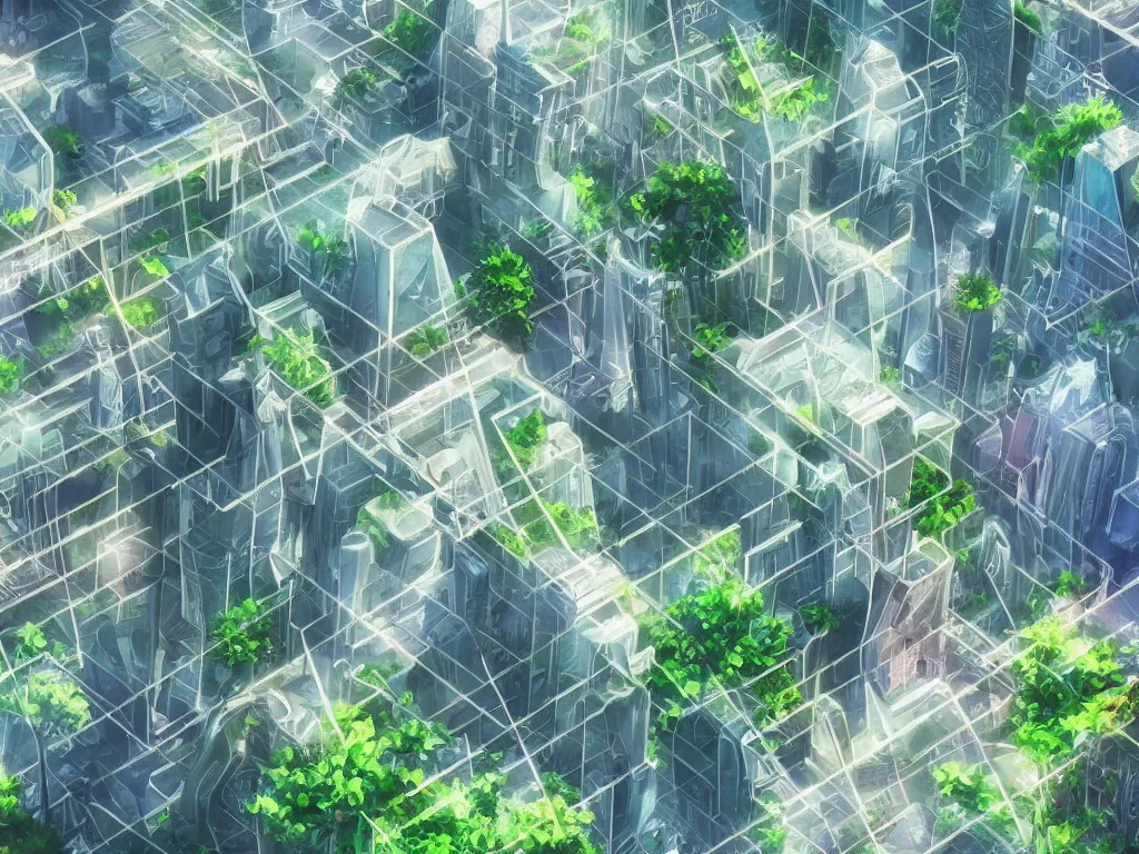 Image similar to futuristic city, lush vegetation, humid, early evening, diagonal view, geometric buildings, cloudy, beautiful, dull pastel colors, realistic, foggy, dreamy, nostalgic, bright, studio ghibli style