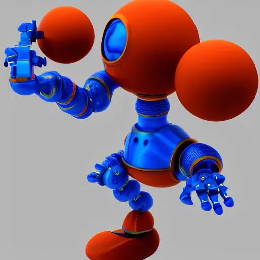 Prompt: evil simple sphere blue and orange robot with arms and legs and big eyes, 3d render