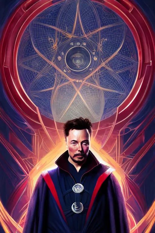 Image similar to elon musk as dr strange, realistic portrait, symmetrical, highly detailed, digital painting, artstation, concept art, smooth, sharp focus, illustration, cinematic lighting, art by artgerm and greg rutkowski and alphonse mucha