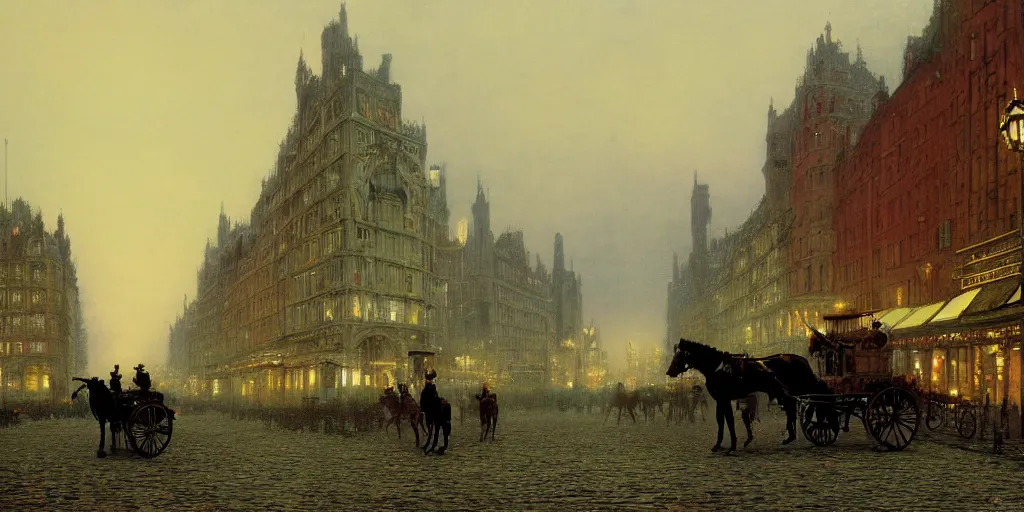 Image similar to Horse carriages, evening, detailed matte painting, cinematic, John Atkinson Grimshaw, Artstation