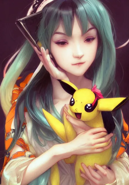 Image similar to hatsune miku holding pikachu, intricate, elegant, highly detailed, digital painting, artstation, concept art, smooth, sharp focus, illustration, art by artgerm and greg rutkowski and alphonse mucha and william - adolphe bouguereau