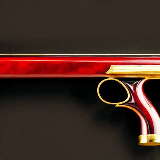 Image similar to a shotgun made from glossy red - painted wood and elements of gold metalwork, full - length photograph