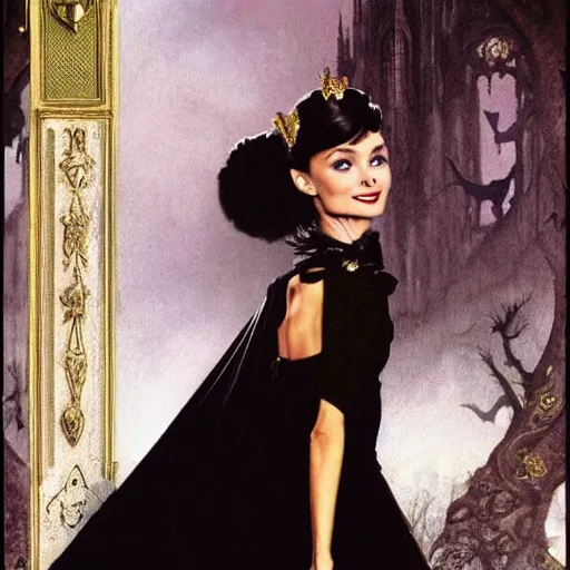 Image similar to an extremely detailed matte painting audrey hepburn as a vampire queen in a resplendent black dress with gold and crimson trim and a long leg slit, in the style of magic the gathering, 8 k, sharp focus, detailed face, art by john collier and albert aublet and krenz cushart and artem demura and alphonse mucha