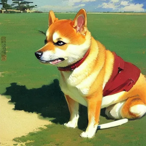 Prompt: A Shibainu dog, by studio ghibli painting, by Joaquin Sorolla rhads Leyendecker, An aesthetically pleasing, dynamic, energetic, lively, well-designed digital art, by Ohara Koson and Thomas Kinkade, traditional Japanese colors, superior quality, masterpiece