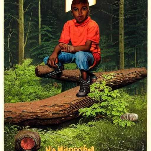 Prompt: a scenic view of a black boy sitting on a log in the middle of a magical forest with glow-worm lights near a lake, detailed, cinematic, dramatic scene, retro illustration by Norman Rockwell.