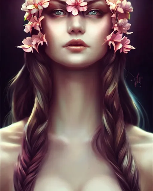 Image similar to Beautiful mafia princess with flower tattoos, dark fantasy digital art by WLOP and Artgerm, artstation, warm glow, highly detailed, art nouveau