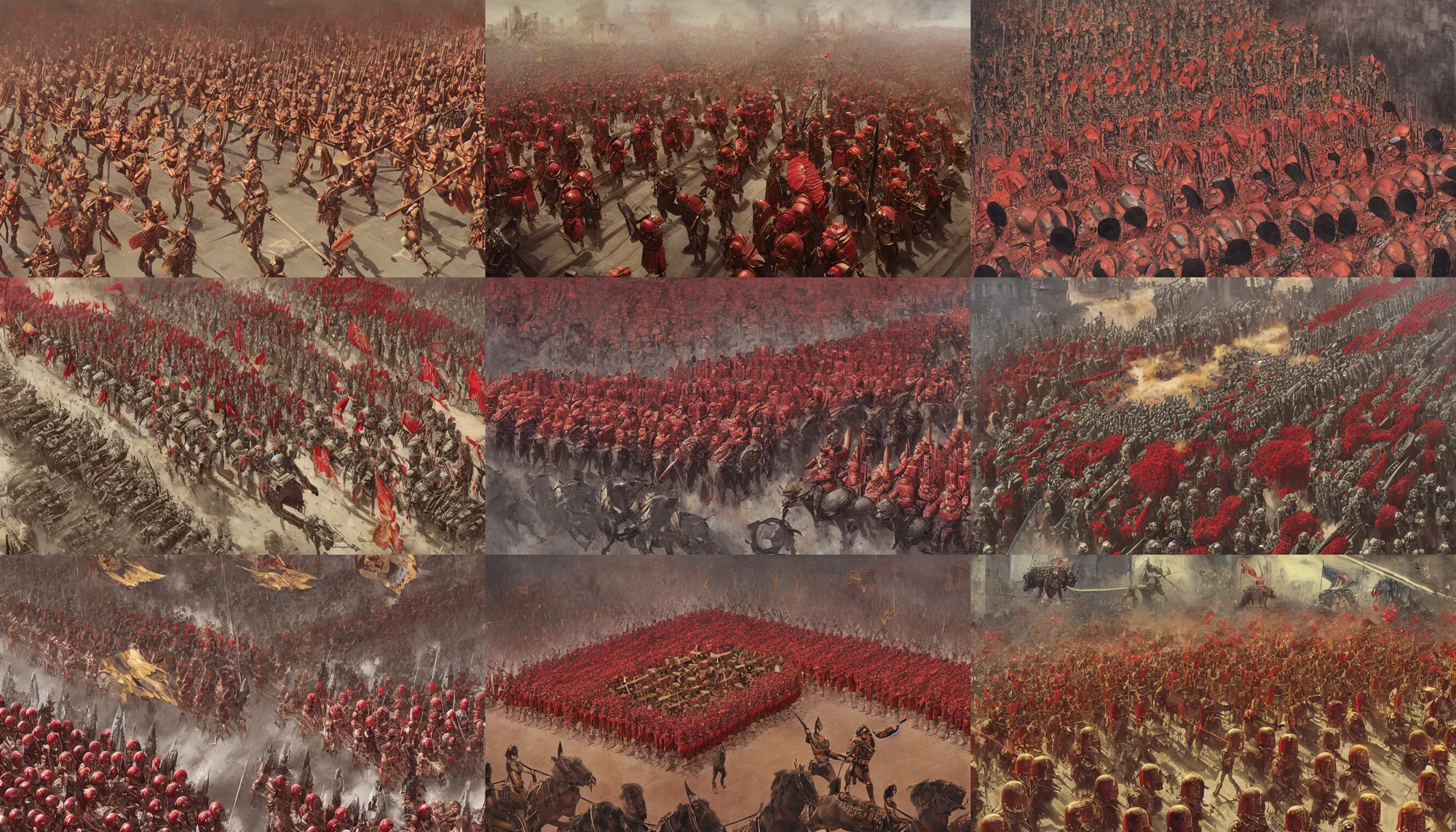 Prompt: A mixed media portrait painting of Roman legions assembled in a military parade formation in the center of the city, isometric aerial view, crimson petals fall on the parade, by Frank Frazetta, Boris Vallejo, Greg Rutkowski, Beeple, Yoko Taro, Christian MacNevin, epic fantasy character art, roman numerals, high fantasy, CGsociety, full length, exquisite detail, post-processing, masterpiece, cinematic, Rome backdrop
