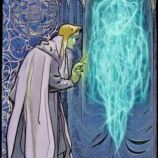 Image similar to a cloaked mage casting a magic spell from her hand toward an ice castle, art nouveau