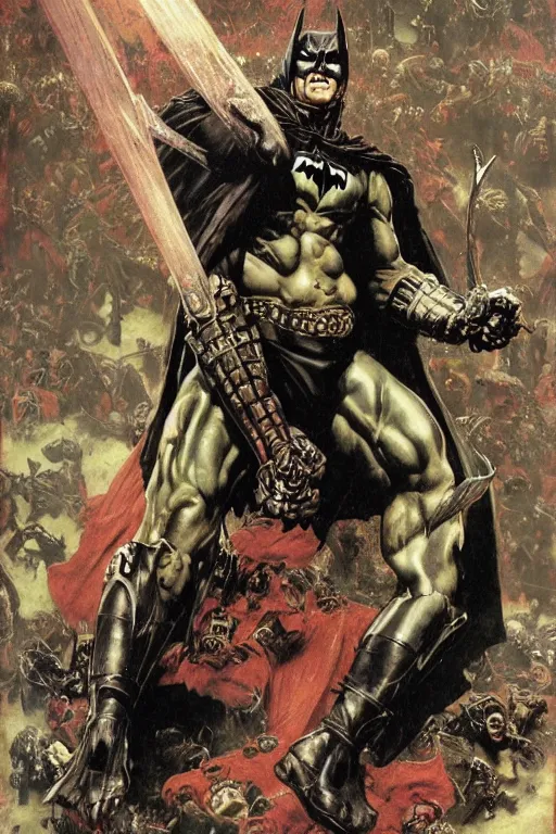 Prompt: full length portrait of nathan jones as massive hulking dark evil batman wearing cape and armour, underlit, by lawrence alma tadema and zdzislaw beksinski and norman rockwell and jack kirby and tom lovell and greg staples and michael alford