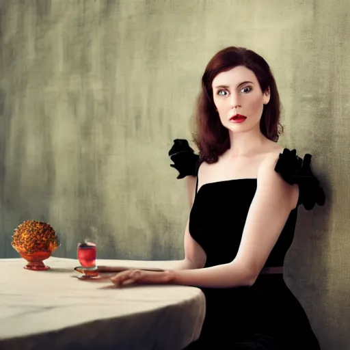 Image similar to Kodachrome long shot photograph of tall pale young woman wearing velvet black dress with thin straps with pinned-back brown hair, looking to the side, leaning on a table, holding dress in a bunch. 8k Photograph. TIME Magazine. Hyperrealistic. Adobe Lightroom.