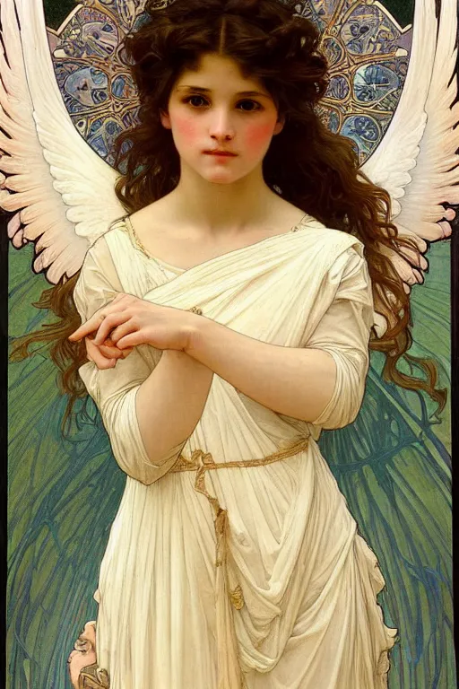 Image similar to portrait of a beautiful angel, intricate, elegant, hyperdetailed by alphonse mucha and william - adolphe bouguereau and john william waterhouse