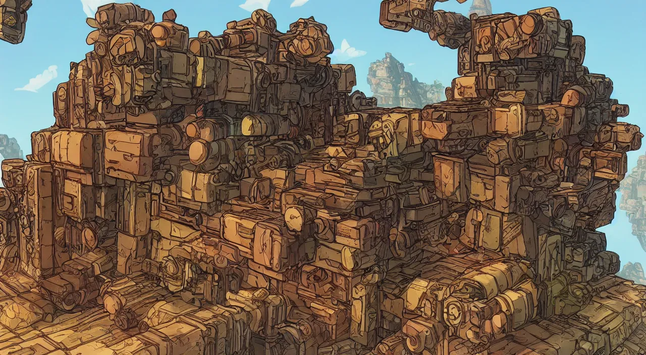 Image similar to wood wall fortress greeble block amazon jungle global illumination ray tracing ambiant torch fornite that looks like it is from borderlands and by feng zhu and loish and laurie greasley, victo ngai, andreas rocha, john harris